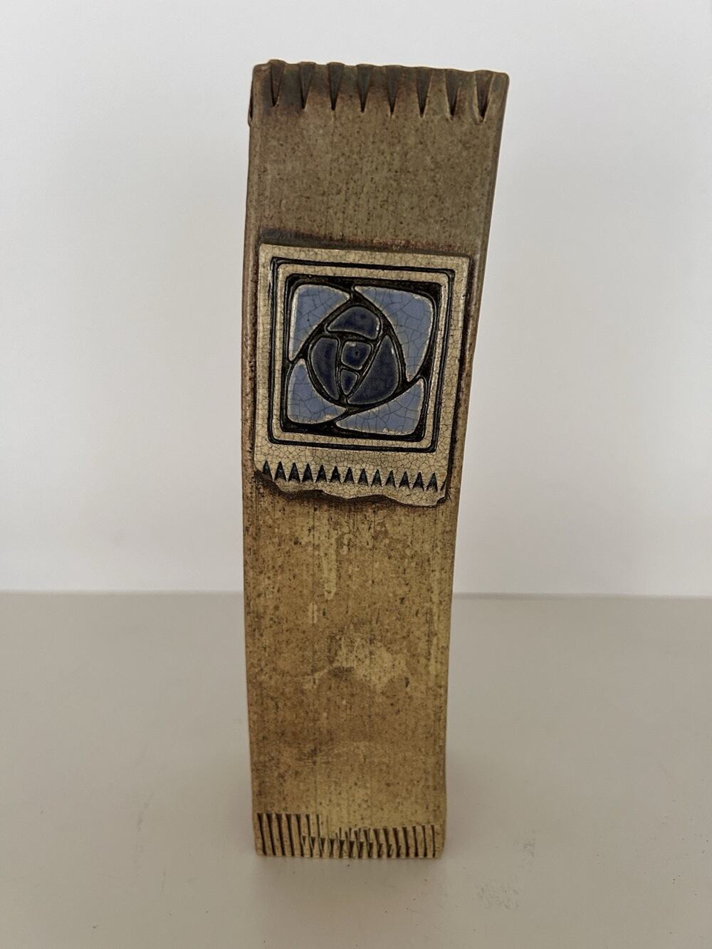 Tilted Pottery Rectangular Vase In the European Troika Style W/ Blue Rose Decor